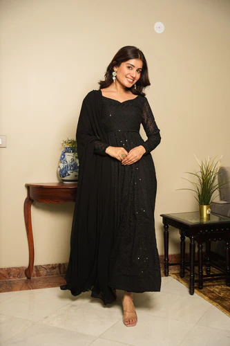 black elegant georgette printed suit set